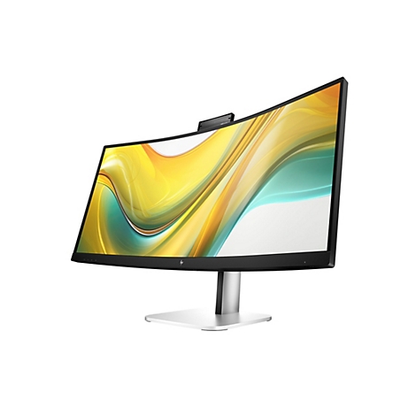 HP Curved Monitor mit schwarzem Rahmen auf silbernem Standfuß und aufgesetzter Webcam vor weißem Hintergrund.