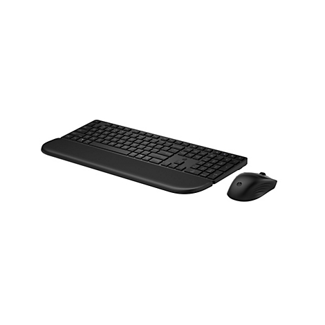 Schwarzes, kabelloses HP Tastatur- und Maus-Set mit Handballenauflage vor weißem Hintergrund.