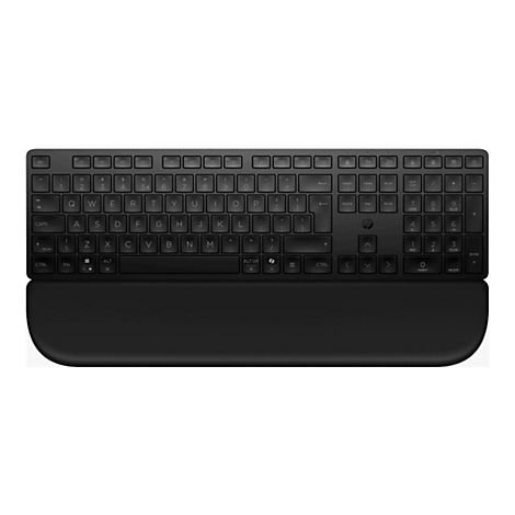 Schwarze kabellose HP Tastatur in Draufsicht mit integrierter Handballenauflage auf weißem Hintergrund.