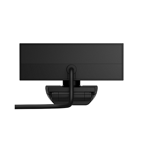 Nahaufnahme einer schwarzen Webcam. Das rechteckige Gehäuse ist am Halter befestigt, der über einen Bogen mit dem Kabel verbunden ist.