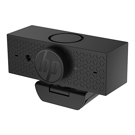 Schwarze HP Webcam, rechteckig mit geometrischem Muster. HP-Logo auf der runden Linsenabdeckung, die auf einem Halter ruht.