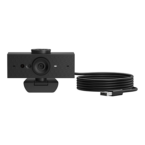 Schwarze Webcam, rechteckig mit Dreiecks-Muster. Runde Linse, Kabel mit USB-Anschluss.