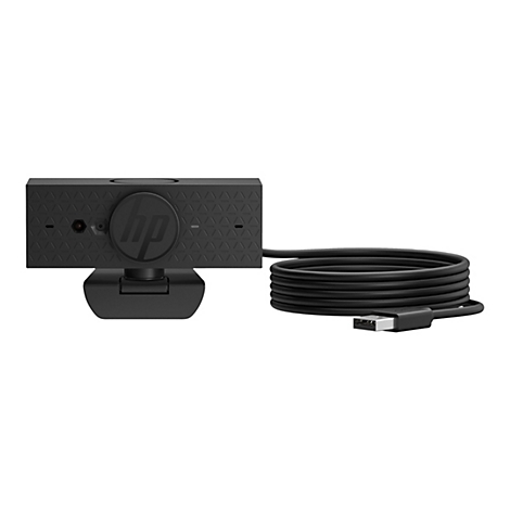 Schwarze HP Webcam mit integriertem Mikrofon und einem USB-Kabel. Die Webcam zeigt das HP-Logo.