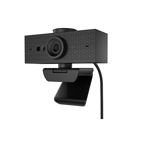 Schwarze Webcam, die auf einem weißen Hintergrund steht. Die Webcam hat ein Objektiv und ein Muster auf der Oberfläche.