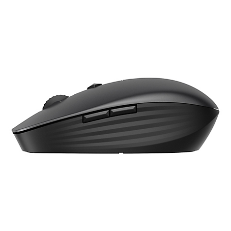 Draufsicht auf eine schwarze Computermaus. Die Maus zeigt geriffelte Seiten und hat zwei Tasten und ein Scrollrad.