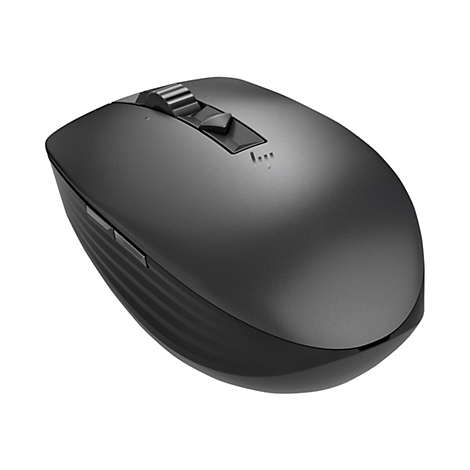 Draufsicht auf eine graue kabellose Maus, mit Scrollrad und HP-Logo.