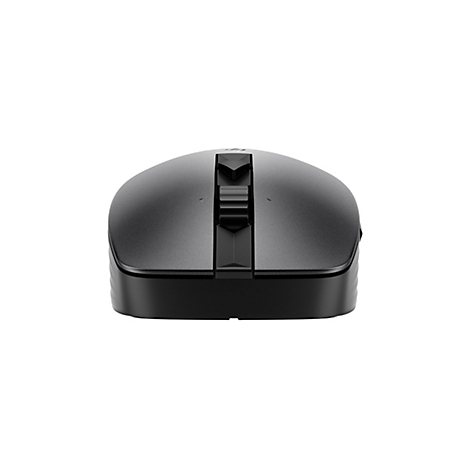 Draufsicht auf eine schwarze Gaming-Maus mit hervorgehobener Scrollrad- und Tastenstruktur. Der Hintergrund ist weiß.