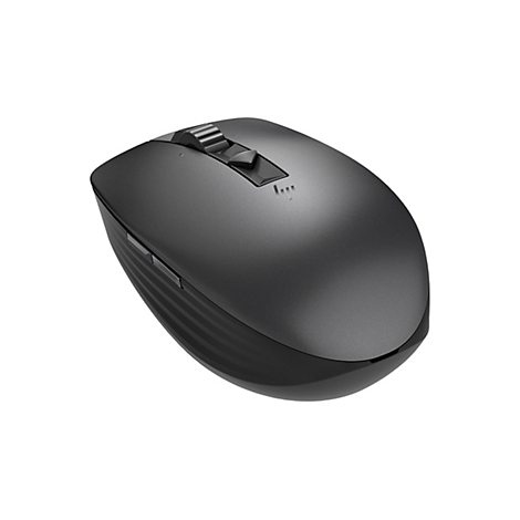 Drahtlose Computermaus in Grau mit Scrollrad und HP-Logo.