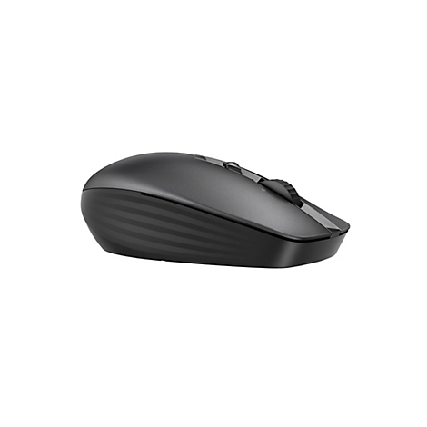 Drahtlose Computermaus in Dunkelgrau auf weißem Hintergrund. Die Maus ist seitlich abgebildet, mit einem Fokus auf den ergonomischen Aufbau und das Scrollrad.