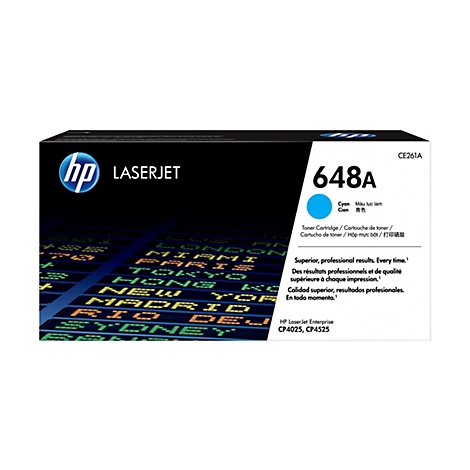Auf weißem Hintergrund eine Druckerpatrone der Marke HP. Auf der blauen Verpackung sind das Logo, die Bezeichnung Laserjet und die Produktnummer 648A abgebildet. Unterhalb ein blaues Farbfeld.
