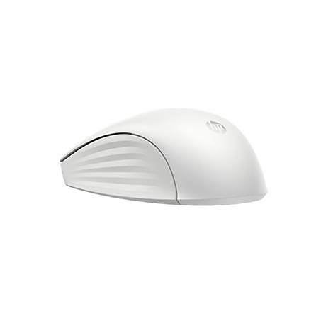 Weiße, ergonomisch geformte kabellose HP Computermaus mit geriffelter Seitenfläche auf weißem Hintergrund.