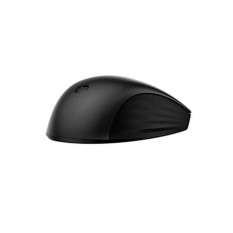 Schwarze Computermaus von HP, leicht schräg von der Seite gezeigt. Mit HP-Logo.