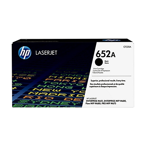 Schwarze HP 652A Toner-Kartusche. Auf der Verpackung stehen Produktinformationen und ein Hintergrund mit Schriftzeichen.