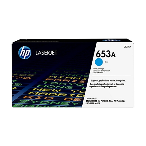 Eine blaue HP 653A Cyan Laserdruckerpatrone. Auf der Packung sind Logos und Informationen zu sehen.