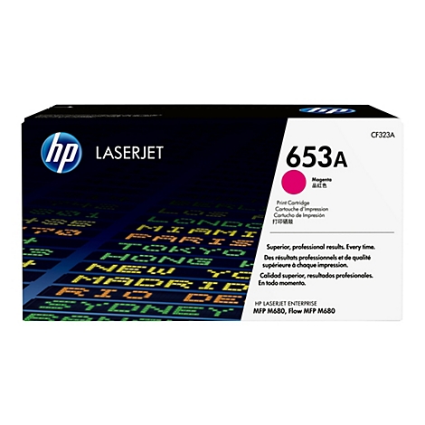 HP 653A Laserdrucker-Toner in Magenta, mit Farbfeld und Produktbezeichnungen, Hintergrund mit Stadtflugdaten.