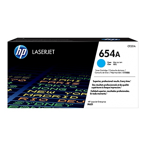 Eine Druckerpatrone der Marke HP, Modell 654A, mit Cyan-Tinte, auf schwarzem Grund mit Flughafen-Display.