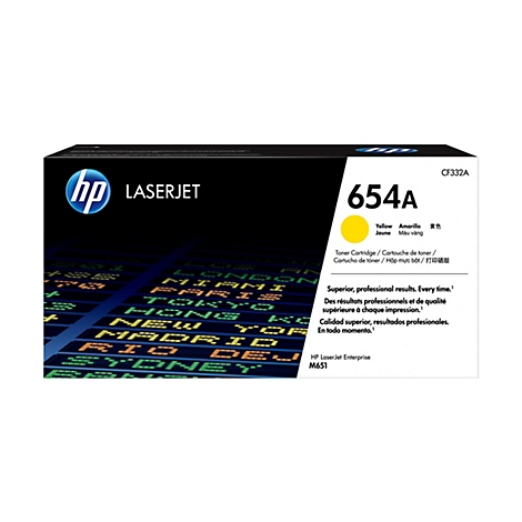 Gelbe HP 654A Toner-Kartusche mit schwarzen Buchstaben auf einer schwarzen Verpackung.