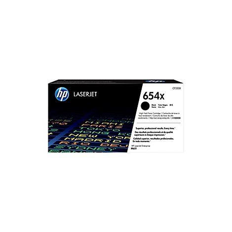 Eine schwarze HP LaserJet Tonerpatrone, mit der Aufschrift 654X und dem HP-Logo. Im Hintergrund eine digitale Weltkarte.