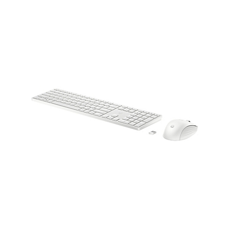 Weißes, kabelloses HP Tastatur- und Maus-Set mit kleinem USB-Empfänger auf weißem Hintergrund.