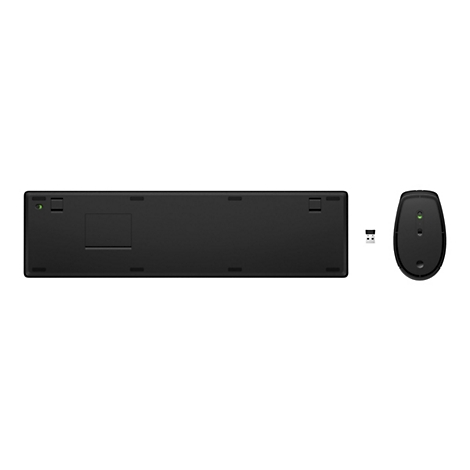 Draufsicht auf ein schwarzes Tastatur- und Maus-Set. Die Tastatur liegt flach, die Maus ist daneben, ein USB-Dongle wird ebenfalls gezeigt.