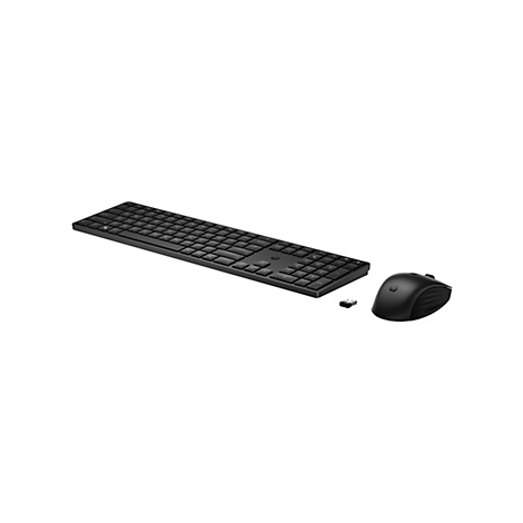 Schwarzes HP Wireless-Tastatur- und Maus-Set mit USB-Empfänger auf weißem Hintergrund.