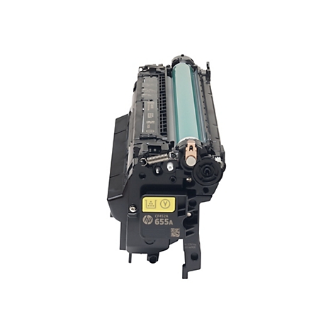 Schwarze HP CF452A 655A Tonerkartusche. Mit gelben Details und Textaufdrucken. Auf weißem Hintergrund.