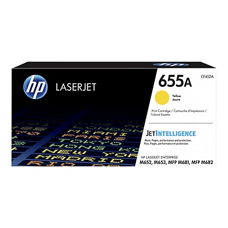Eine HP Laserjet-Druckerpatrone 655A in Gelb auf schwarzem Hintergrund. Beschriftungen sind in Englisch, Französisch und Tschechisch.