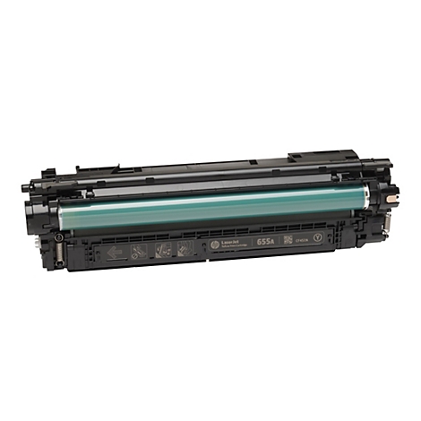 Schwarz-gelbe Tonerkartusche, HP Laserjet 655A. Aufschrift: Yellow Print Cartridge, CF452A.
