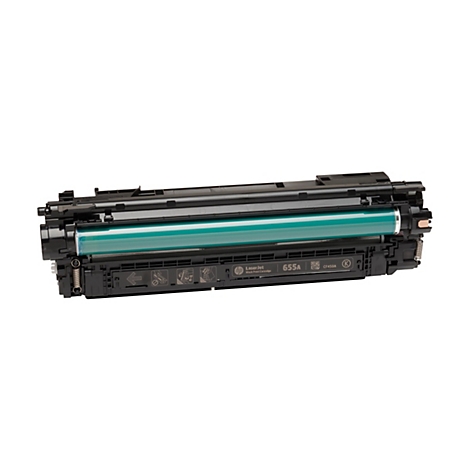 Eine schwarze HP Laserjet Toner-Patrone mit grünem Zylinder auf weißem Hintergrund. Auf der Patrone sind Markierungen und Schriftzüge zu sehen.