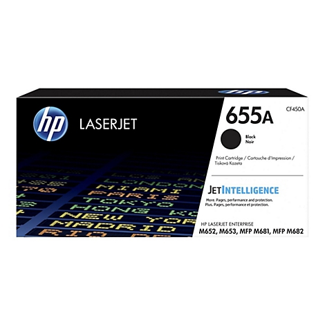 Schwarze HP Laserjet Toner-Kartusche 655A. Schwarz, mit Herstellerlogos und Produktbezeichnungen.