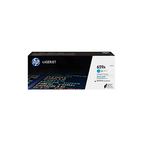 Auf weißem Hintergrund ist eine HP LaserJet Tonerkartusche abgebildet. Die Verpackung zeigt ein blaues Cyan Feld, neben einer Auflistung von Städten wie London, Paris und New York. Auf der Packung ist auch das Logo von HP zu sehen.