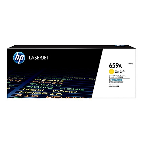 HP LaserJet-Toner in schwarzer Verpackung. Aufschrift '659A', darunter eine gelbe Farbmarkierung. Logo und Produktbezeichnungen.