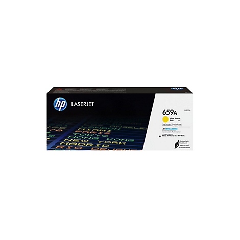 Schwarzer HP LaserJet Toner 659A-Kartusche. Auf der Verpackung sind das HP Logo, Modellbezeichnung und die Farben gelb und schwarz zu sehen.
