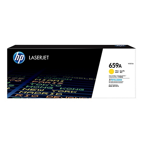 Ein schwarzer HP-Lasertoner-Kartuschenbehälter mit einem blauen Logo und einem gelben Punkt. Unten sind Schriftzüge wie "659A" und "JETINTELLIGENCE" zu sehen.