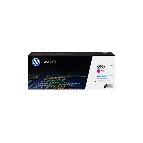 HP-Laserdrucker-Toner-Kartusche, Magenta. Aufdruck: 659A, JETINTELLIGENCE, M856, MFP M776. Schwarze und weiße Verpackung mit Weltstädten im Hintergrund.