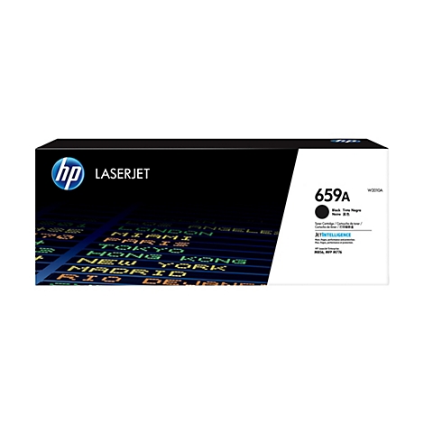 Schwarze HP 659A Toner Kartusche mit dem Aufdruck "LASERJET". Auf einem Display im Hintergrund sind verschiedene Städte aufgeführt.