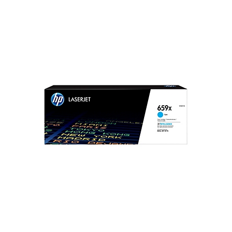 Schwarzer HP LaserJet Toner, blaues Logo, Aufschrift 659x Cyan. 