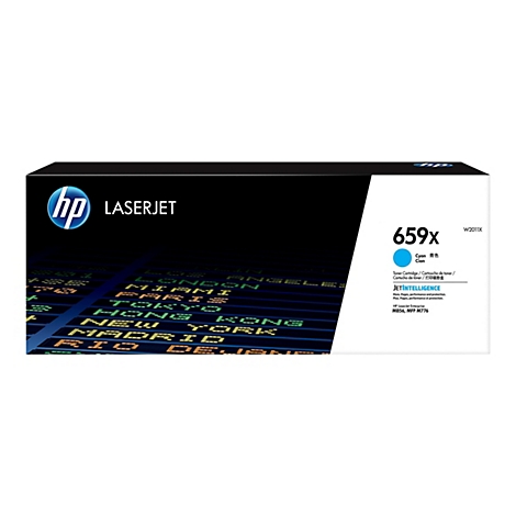 Eine blaue HP LaserJet Tonerkartusche mit der Aufschrift "659X". Im Hintergrund leuchtet eine Anzeigetafel mit Städtenamen.