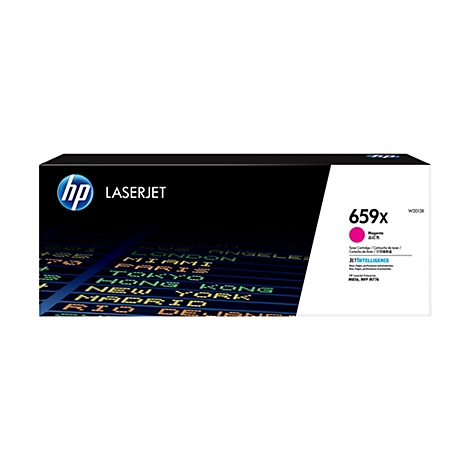 Eine HP Laserjet-Tonerkartusche in Magenta. Auf der Kartusche sind Modellnummern und eine Darstellung eines Flughafens mit Flugzielen zu sehen.