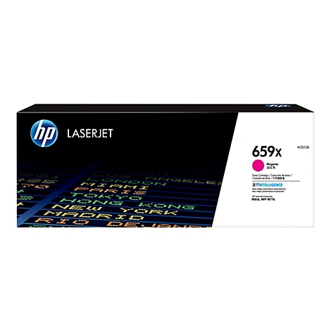 Schwarzer HP LaserJet Toner, mit Logos, Produktbezeichnungen und einer Anzeige von Städten aus aller Welt im Hintergrund.