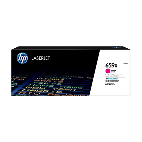 Eine HP Laserjet Tonerkartusche, schwarz mit dem Label 659x Magenta und den Schriftzügen London, Miami, Paris, Tokio, Hongkong, New York, Rio De Janeiro