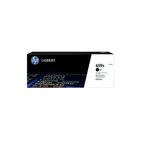 Schwarze HP Laserjet-Toner-Kartusche 659x in einer schwarzen Box mit Städtenamen.