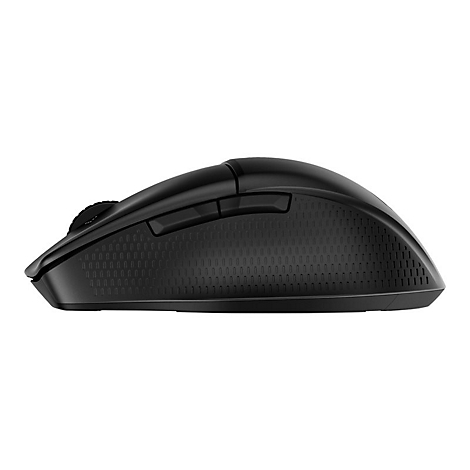 Schwarze, ergonomische Gaming-Maus in Seitenansicht vor weißem Hintergrund.