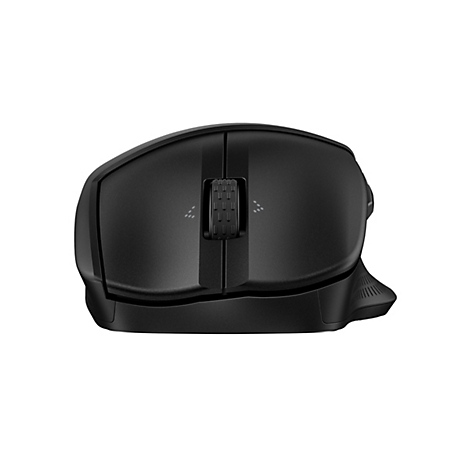 Draufsicht auf eine schwarze Computermaus. Deutlich erkennbar sind das Scrollrad und die ergonomische Formgebung.