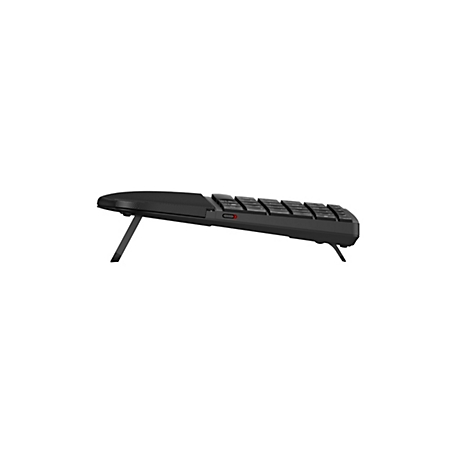Seitliche Ansicht einer schwarzen Tastatur mit ausklappbarem Standfuß und einer Lautsprecherleiste am hinteren Rand.
