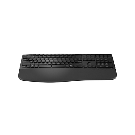 Schwarze kabellose HP Tastatur mit integrierter Handballenauflage vor weißem Hintergrund.