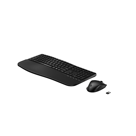 Schwarzes kabelloses HP Tastatur-Maus-Set mit USB-Empfänger vor weißem Hintergrund.