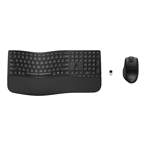 Schwarzes HP Wireless-Tastatur- und Maus-Set mit geschwungenem Design und gepolsterter Handballenauflage.