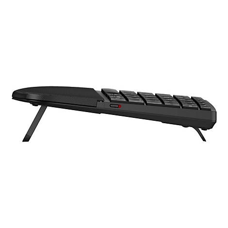 Seitliche Ansicht einer schwarzen Tastatur mit ausklappbarem Standfuß und rotem Schalter.