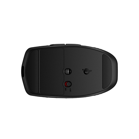 Draufsicht auf eine schwarze kabellose Maus. Auf der Unterseite befinden sich ein Ein-/Ausschalter und ein Logo.